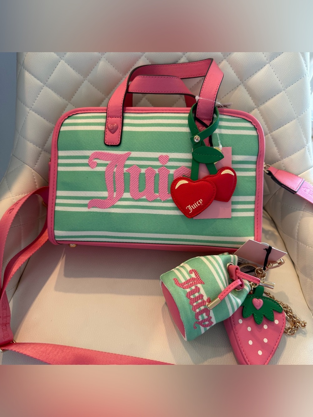 Juicy Couture Paradise striped Satchel Tote & Key Pouch Set NWT Y2K Kawaii viral